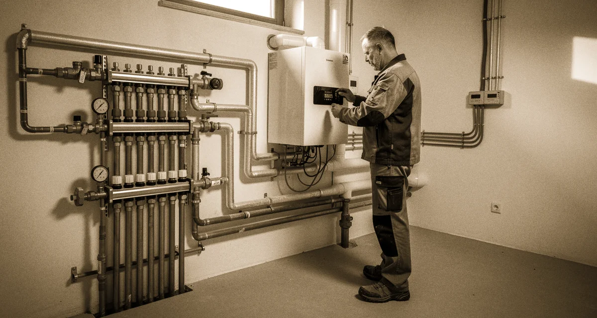 Handwerker installiert Heizungsanlage in modernem Keller, Rohrsystem und Armaturenverteiler