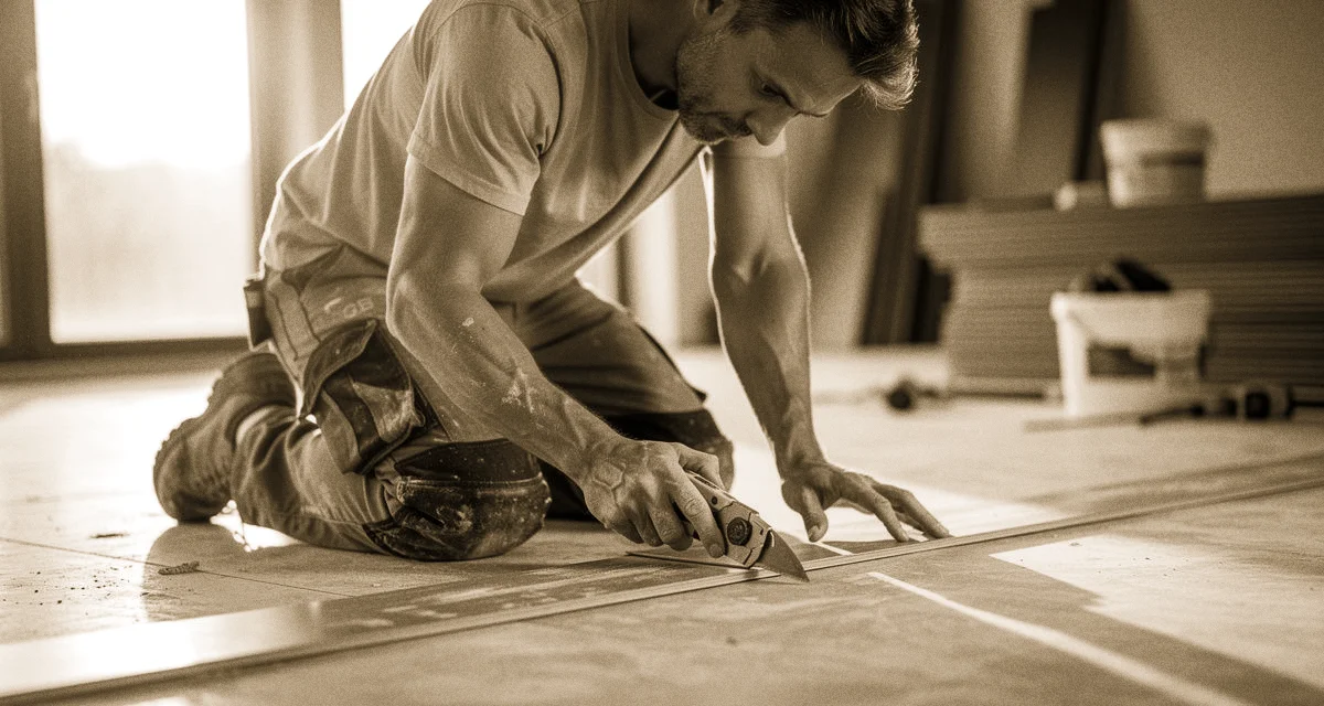 Handwerker schneidet Vinyl-Designboden mit Cutter auf Baustelle zu, heller Innenraum