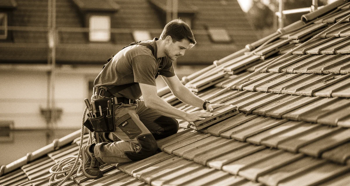 Dachdecker-Azubi auf einem Ziegeldach bei der Arbeit, Ausbildungskleidung, Sonnenschein