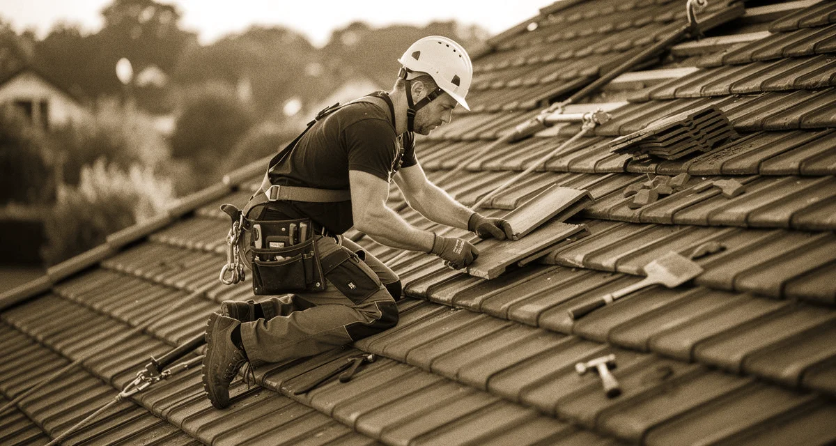 Dachdecker bei der Arbeit auf einem Steildach, Ziegeleindeckung, Sonnenschein, Schutzausrüstung