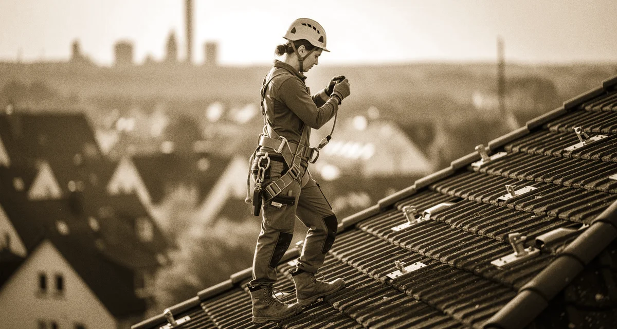 Chiara von Monteton in Schutzausrüstung auf einem Steildach in Bochum, Ruhrgebiet