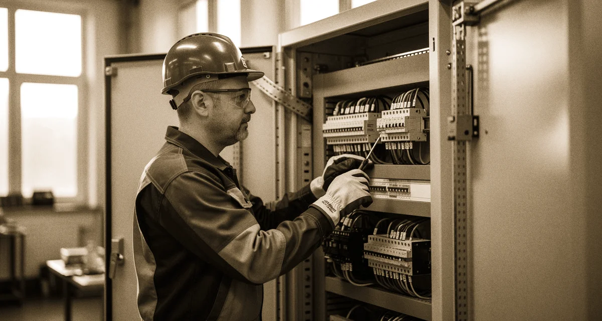 Elektroniker in Schutzausrüstung bei Arbeit an Schaltschrank, modernes Gewerbegebäude