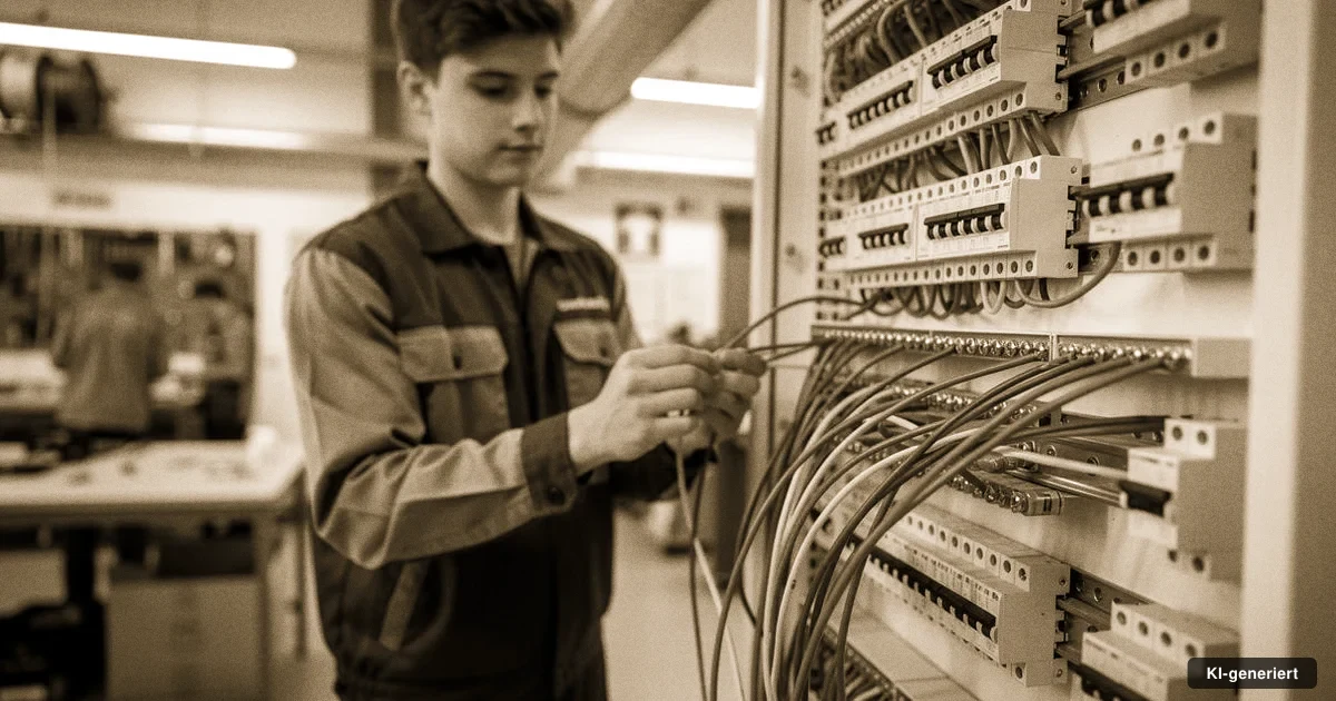 Auszubildender zum Elektroniker übt Verdrahtung an einem Übungsboard in der Berufsschule
