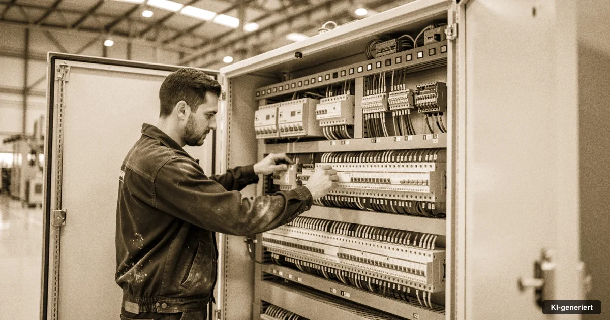 Elektroniker prüft eine Schaltanlage in einer modernen Industriehalle