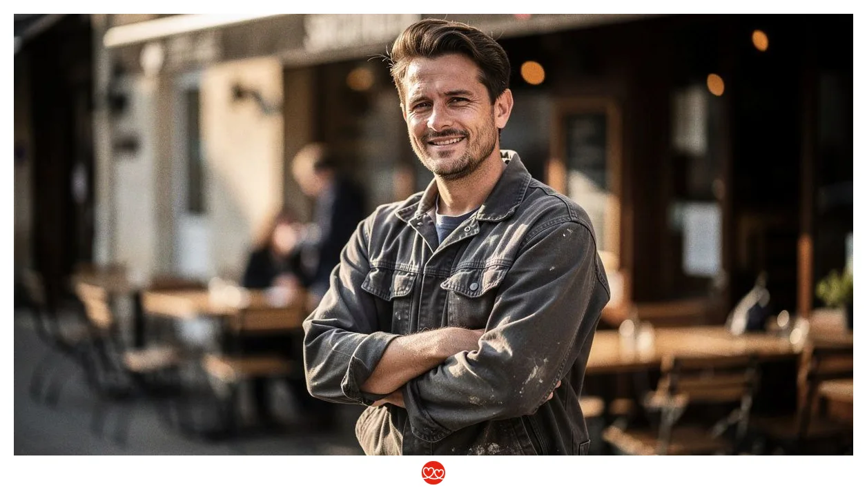 Handwerker in sauberer Arbeitskleidung wartet entspannt lächelnd vor einem Café am frühen Nachmittag, Canon R5 85mm f/1.4