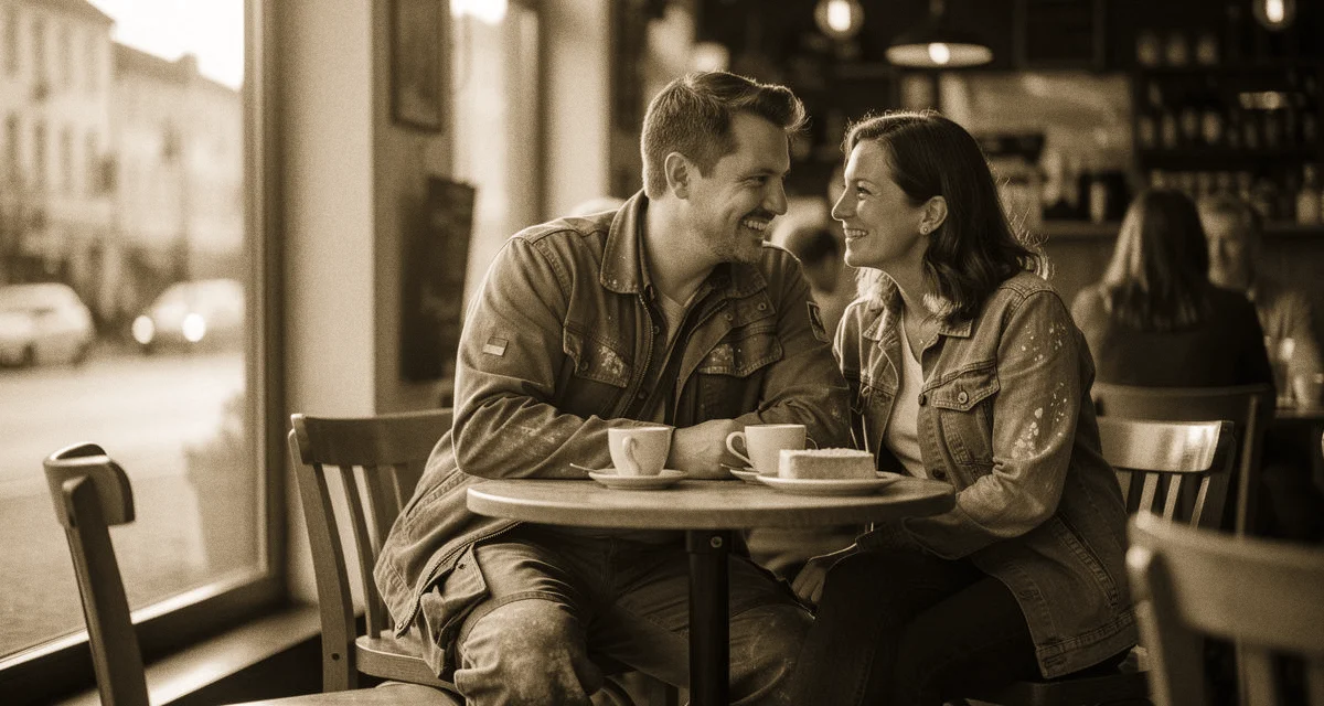 Handwerker in Arbeitskleidung genießt frühen Feierabend im Café beim Date