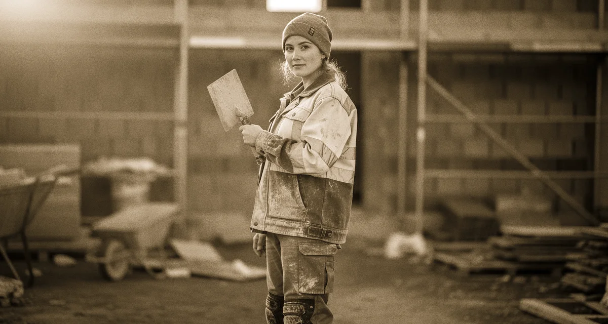 Junge Frau in Arbeitskleidung auf einer Baustelle, Maurerkelle in der Hand, selbstbewusster Blick in die Kamera