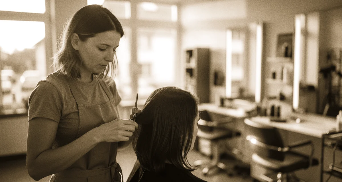Friseurin schneidet Haare in einem modernen Salon, Spiegel und Frisierstühle im Hintergrund