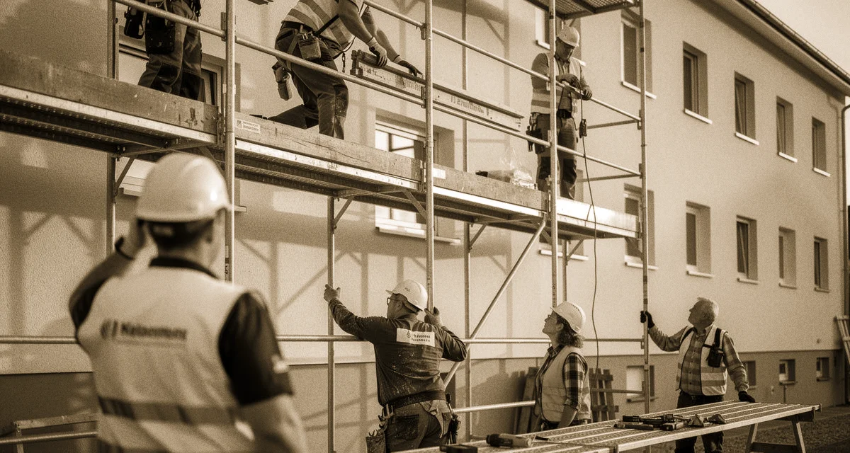 Gerüstmontage an Fassade eines Wohngebäudes, Stahl-Stabrohre und Gerüstböden in Arbeit