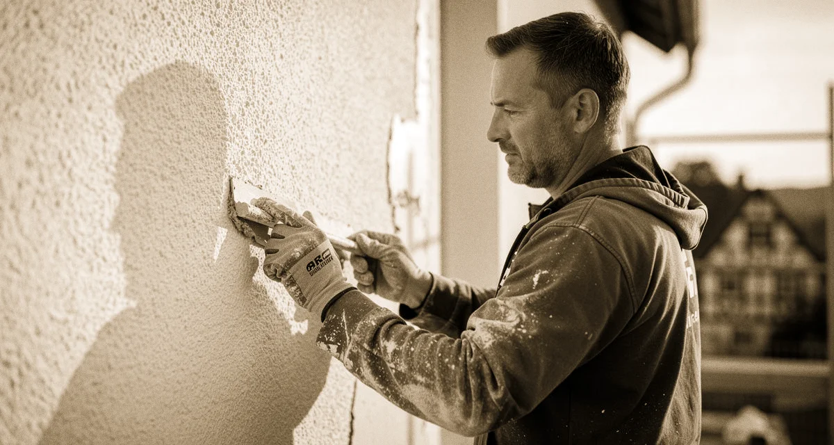 Stuckateur bei der Putzarbeit an einer Fassade in der Pfalz, Arbeitshandschuhe, Kelle