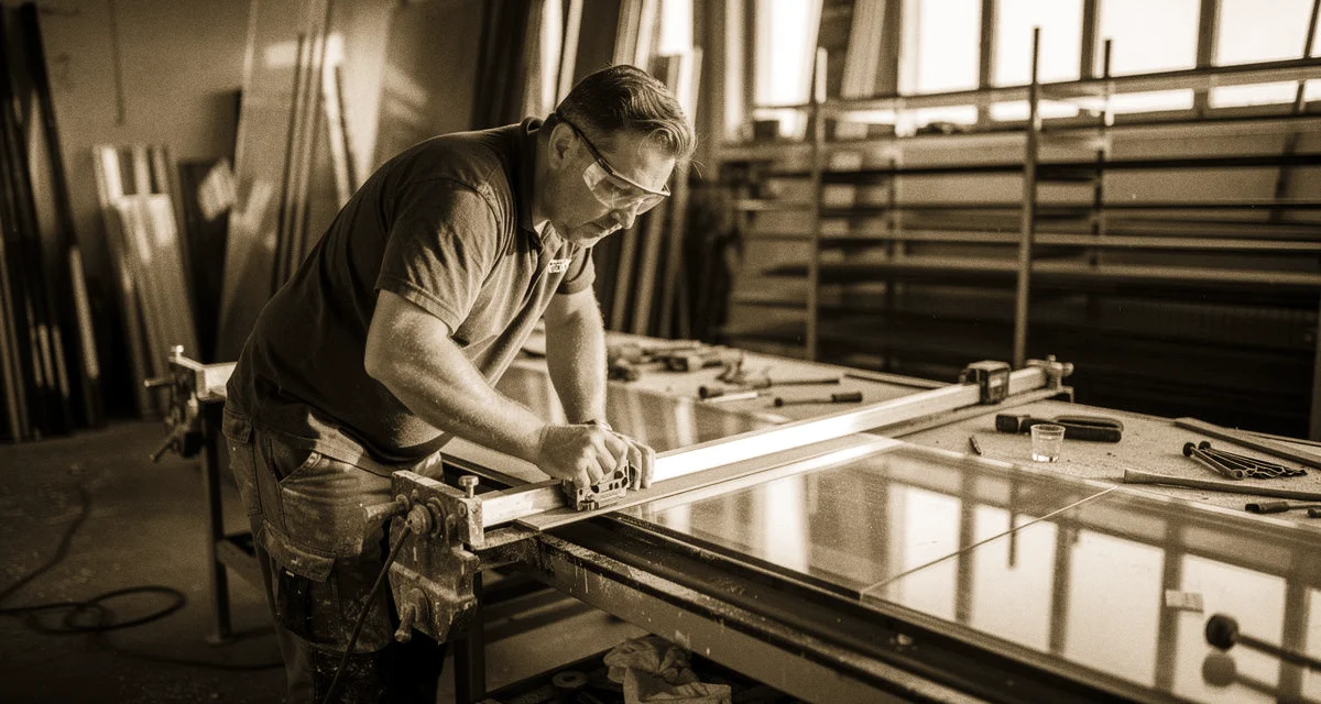 Glaser bei der Arbeit in einer Glaswerkstatt, zuschneidet eine Glasscheibe auf einem Schneidetisch mit Schutzbrillen