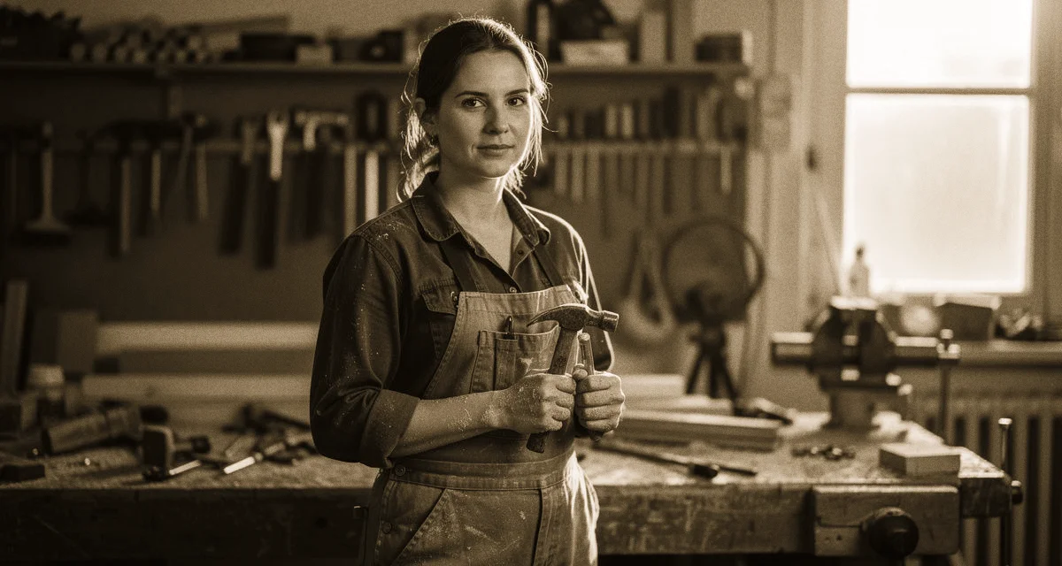 Handwerkerin mit Werkzeug in der Werkstatt, natürliches Tageslicht, Canon R5 85mm f/1.4