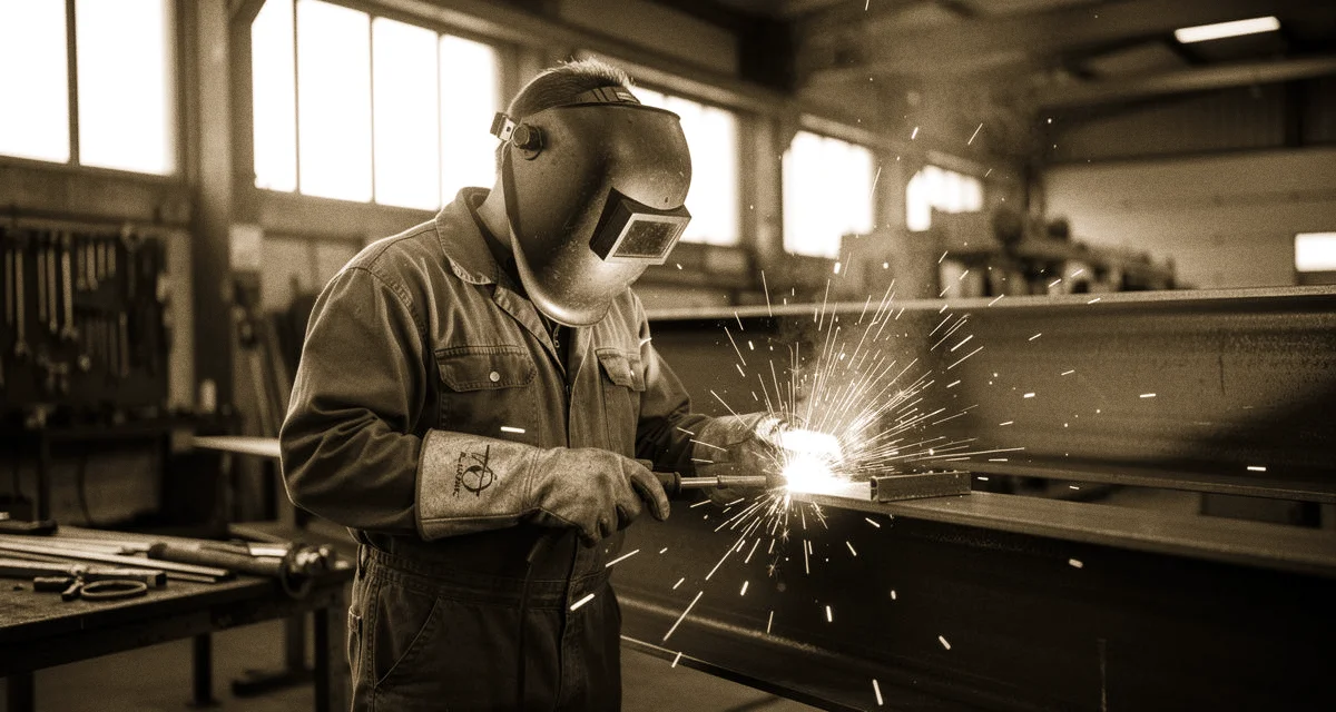 Metallbauer schweißt Stahlkonstruktion in moderner Werkstatt, Funken sprühen
