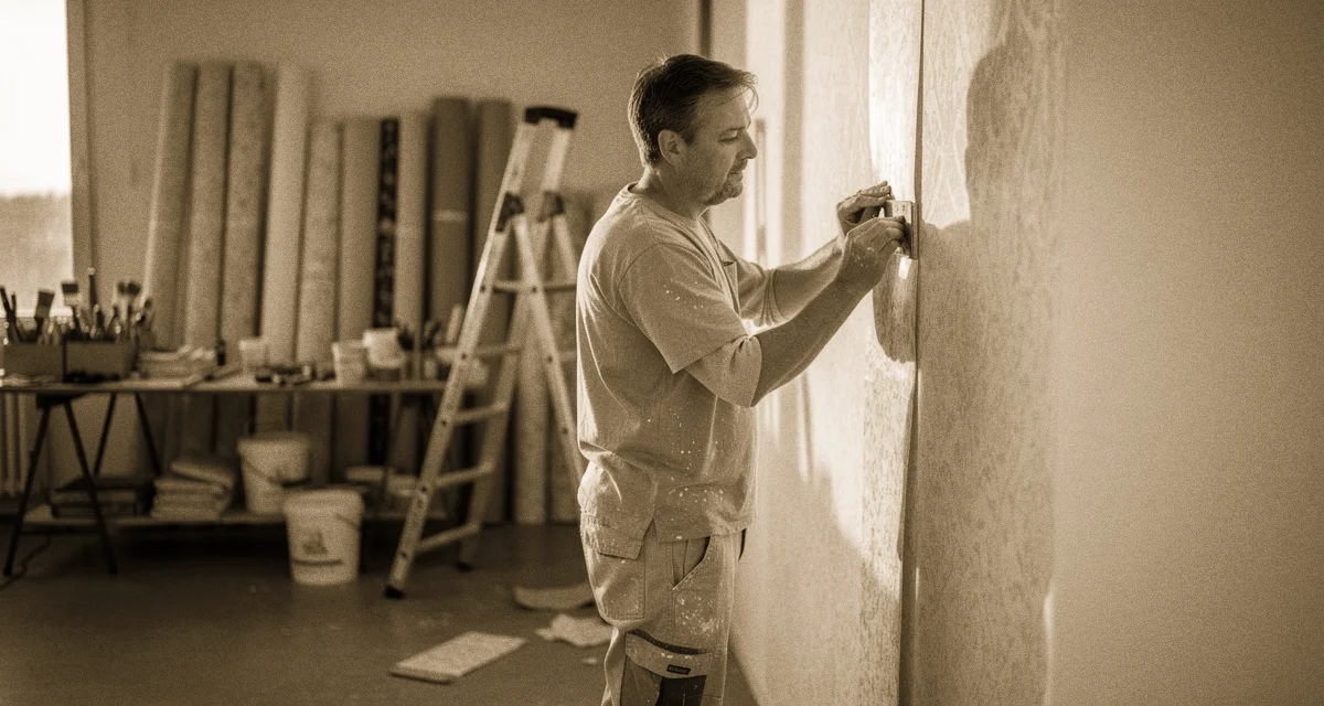 Raumausstatter tapeziert Wand in hellem Atelier, Stoffrollen und Werkzeug im Hintergrund