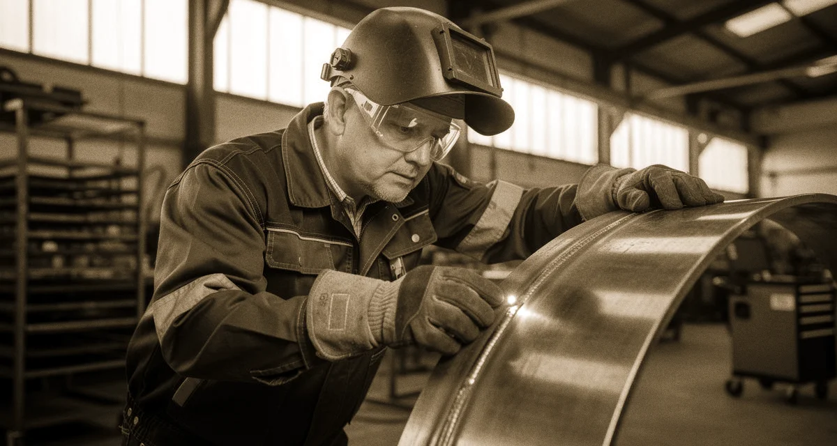 Schweißer kontrolliert Schweißnaht an Stahlrohr in industrieller Werkshalle mit Schutzausrüstung