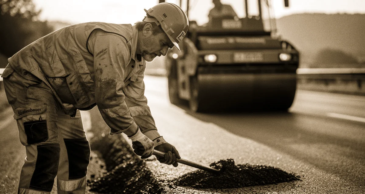 Straßenbauer beim Einbau von Asphalt auf einer Bundesstraße, Walze im Hintergrund