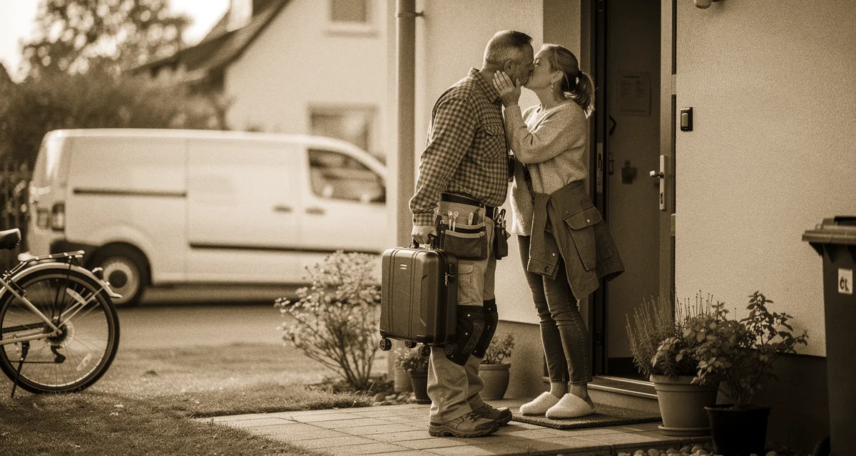 Handwerker verabschiedet sich am Montagmorgen von seiner Partnerin, Koffer in der Hand, warmer Abschiedskuss