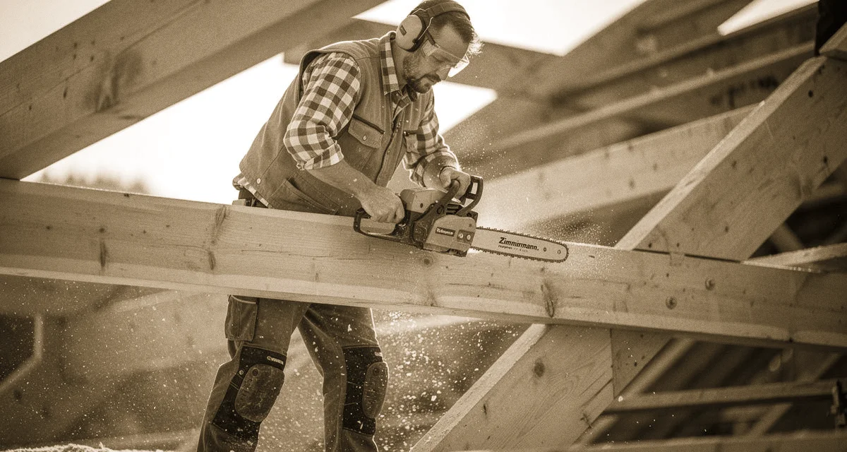 Zimmermann auf einem Dachstuhl beim Aufschneiden eines Holzbalkens mit Kettensäge, Späne fliegen