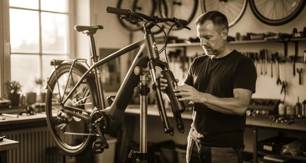 Fahrradwerkstatt mit E-Bike am Montageständer, Mechaniker prüft Akku an modernem Pedelec