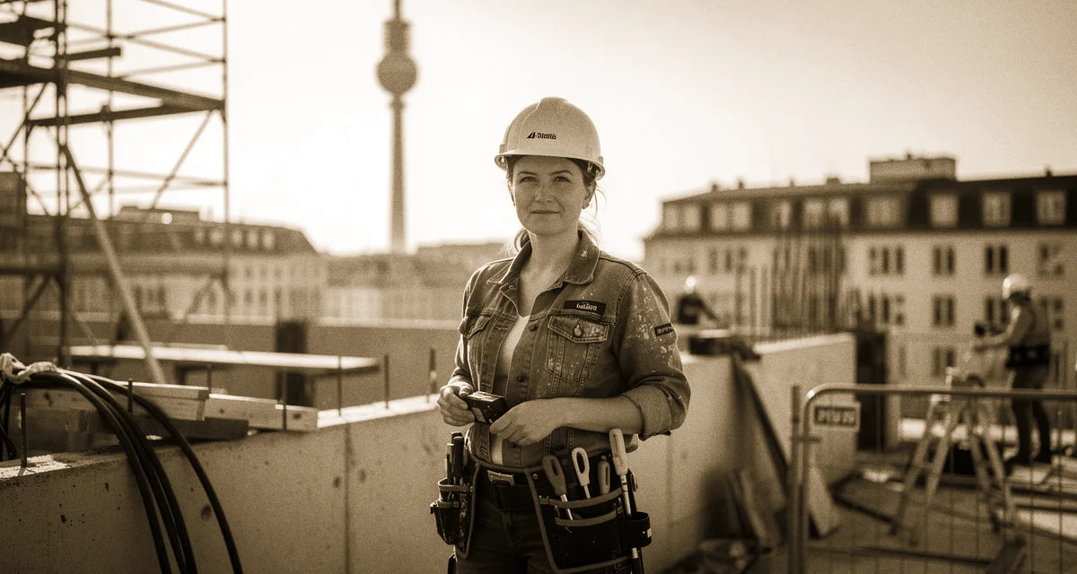 Berliner Fernsehturm im Hintergrund, Handwerkerin mit Helm auf einer Baustelle in Mitte