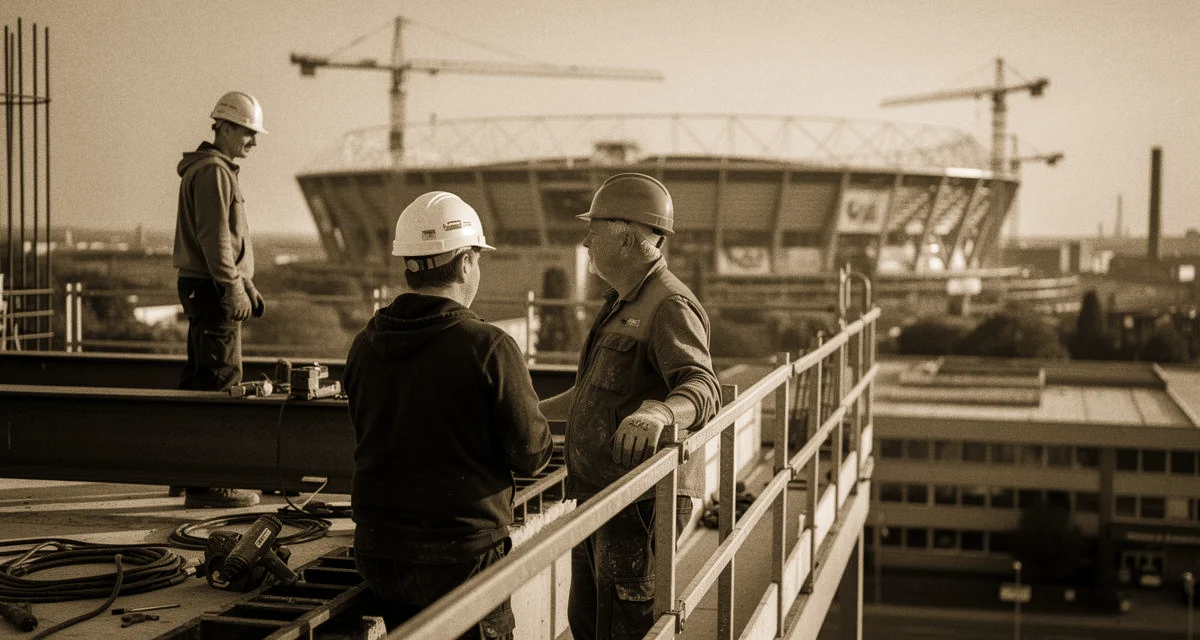 Dortmunder Westfalenstadion-Panorama, Handwerker mit Helm auf Industriebau im Ruhrgebiet