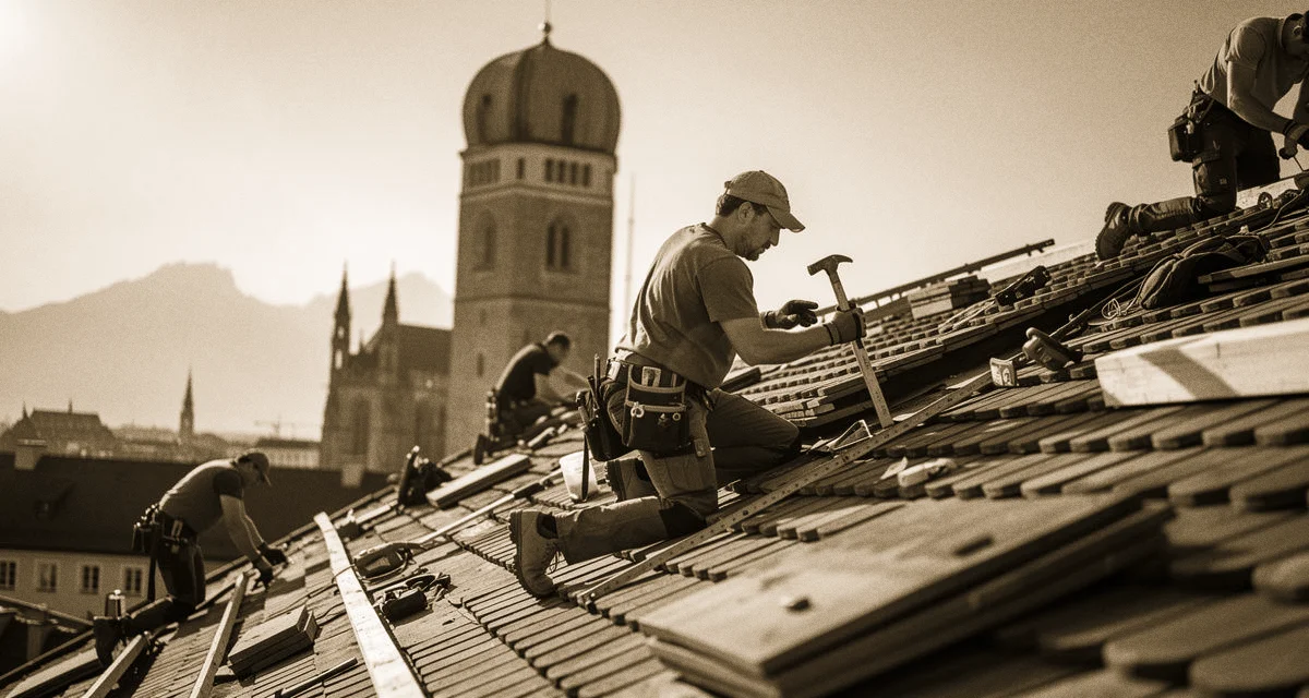 Frauenkirche München, Handwerker auf einem Dach mit Werkzeug, Alpenblick im Hintergrund
