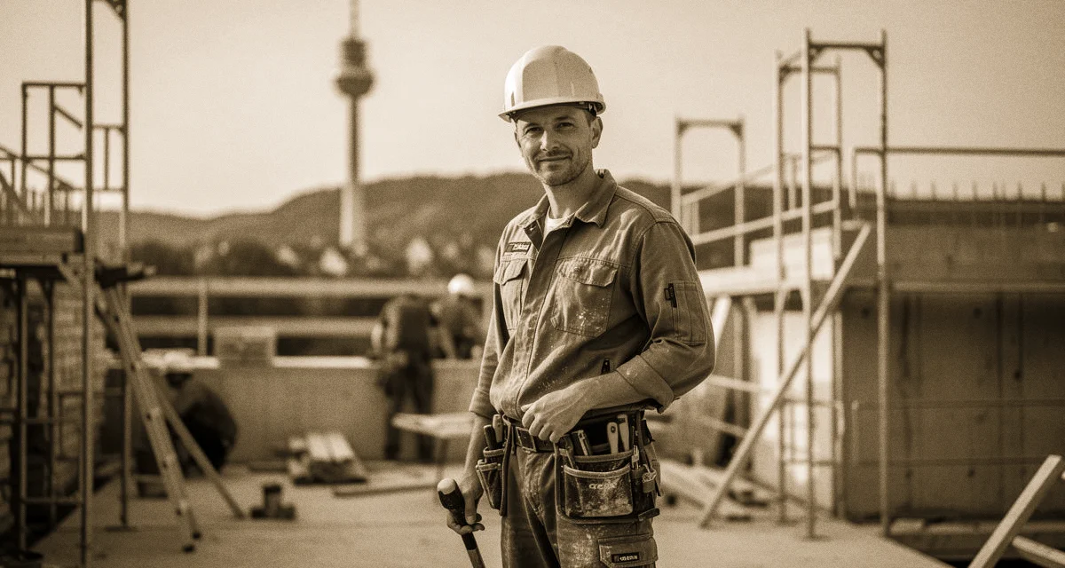 Stuttgarter Fernsehturm, Handwerker mit Werkzeug auf Baustelle im Stuttgarter Kessel